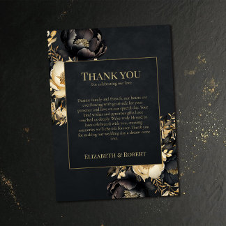 Black & Gold Peony Wedding Thank You Card Bedankkaart