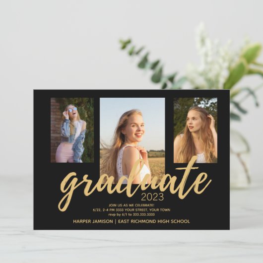 Black Gold Photo 2023 Graduation Party Invitation Kaart (Staand voorkant)