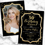 Black Gold Photo 50th Birthday Kaart<br><div class="desc">Elegante 50ste verjaardag uitnodiging met je foto achterop de kaart. Glam zwart design met faux glitter goud. Beschikt over scriptlettertype en confetti. Perfect voor een stijlvol volwassen feestje. Personaliseer met je eigen gegevens. Kan voor om het even welke leeftijd worden aangepast! Gedrukte Zazzle-uitnodigingen of direct download digitale afdrukbare sjabloon.</div>