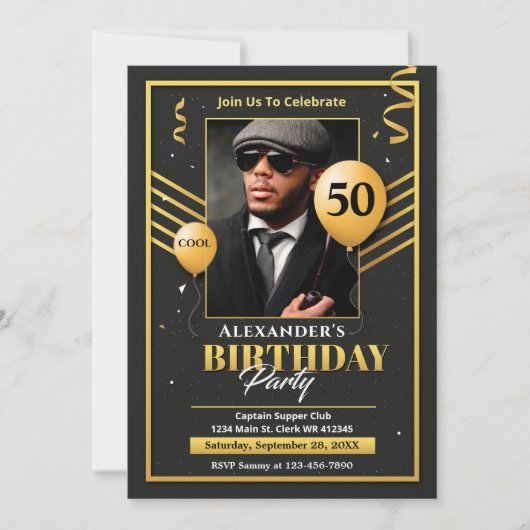 Black Gold Photo 50th Birthday Party Invitation Aankondiging (Voorkant)