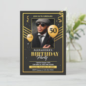 Black Gold Photo 50th Birthday Party Invitation Aankondiging (Staand voorkant)