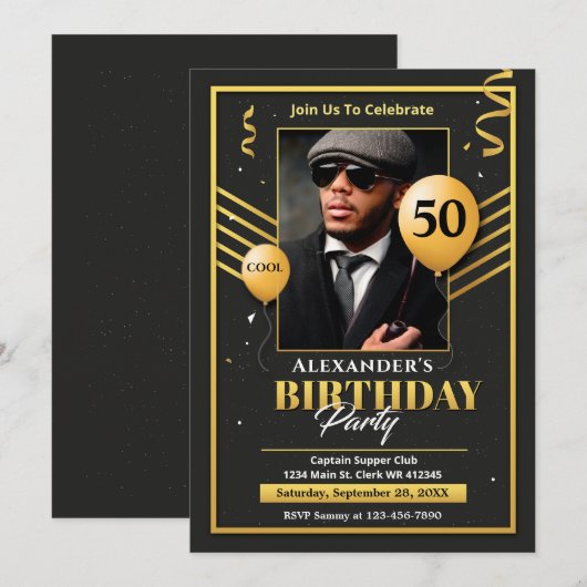 Black Gold Photo 50th Birthday Party Invitation Aankondiging (Voorkant / Achterkant)