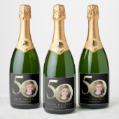 Black Gold Photo 50th Birthday Sparkling Wijnetiket (Flessen)