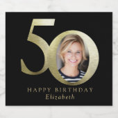 Black Gold Photo 50th Birthday Sparkling Wijnetiket (Enkel label)