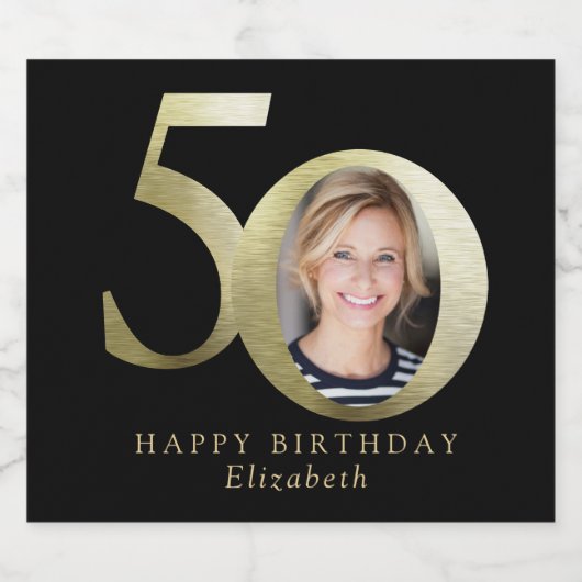 Black Gold Photo 50th Birthday Sparkling Wijnetiket (Enkel label)
