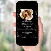 Black gold photo glitter balloons birthday kaart