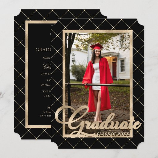 Black Gold Photo Graduparty Kaart (Voorkant / Achterkant)