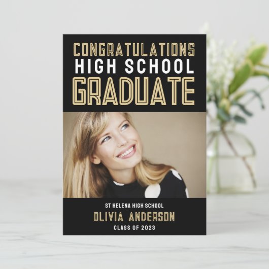 Black Gold Photo High School Afstuderen Aankondiging (Staand voorkant)