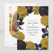 Black & Gold Photo/QR Code Floral Wedding Kaart (Voorkant / Achterkant)