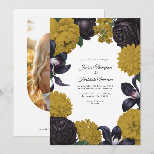 Black & Gold Photo/QR Code Floral Wedding Kaart (Voorkant / Achterkant)