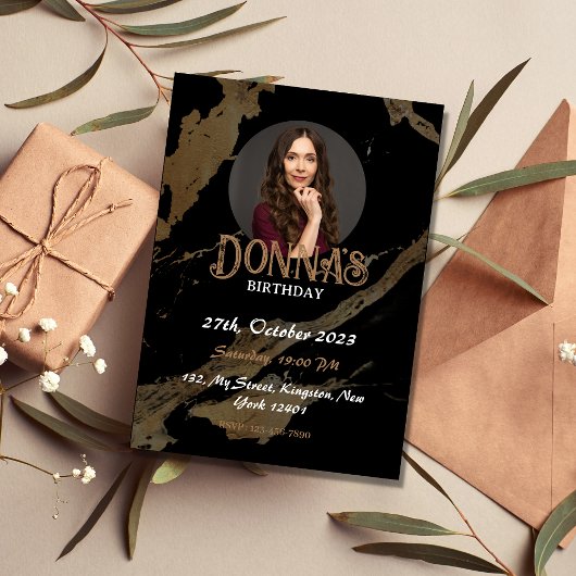 Black Gold Photographic Birthday Party Invitation Kaart