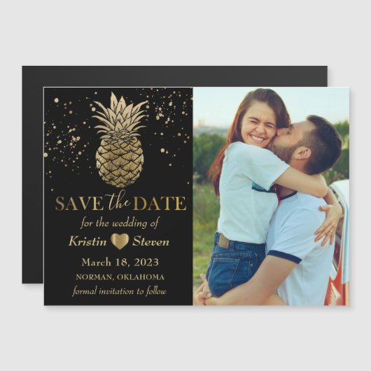 Black Gold Pineapple Photo Save the Date Magnet (Voorkant / Achterkant)