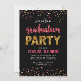 Black Gold Pink Confetti Graduation Party Invite Kaart