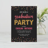 Black Gold Pink Confetti Graduation Party Invite Kaart (Staand voorkant)