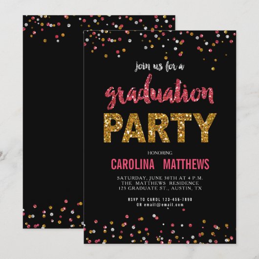 Black Gold Pink Confetti Graduation Party Invite Kaart (Voorkant / Achterkant)