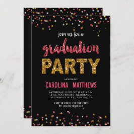 Black Gold Pink Confetti Graduation Party Invite Kaart
