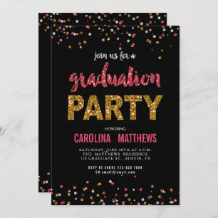 Black Gold Pink Confetti Graduation Party Invite Kaart