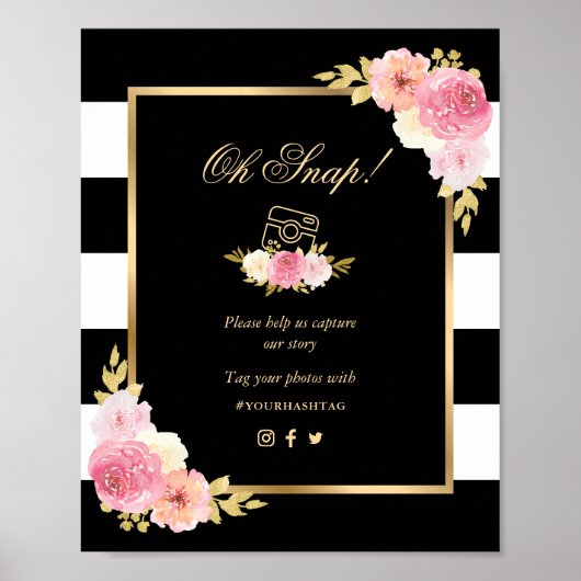 Black Gold Pink Floral Oh Snap Wedding Sign Poster (Voorkant)