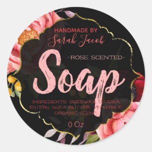 Black Gold Pink Floral Waterverf Zeep Ronde Sticker