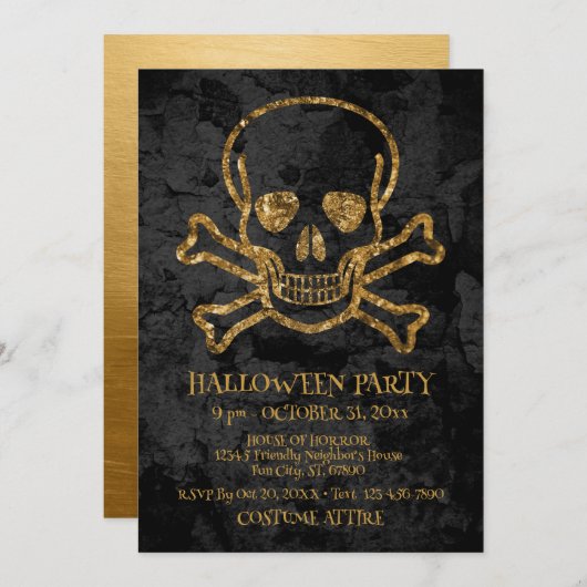 Black Gold Pirate Skull en Botten Halloween Party Notitiekaartje (Voorkant / Achterkant)