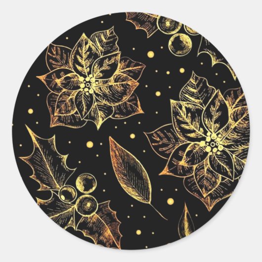 Black & Gold Poinsettias & Holly Ronde Sticker (Voorkant)