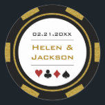 Black Gold Poker Chip Las Vegas Casino Wedding Ronde Sticker<br><div class="desc">trouwen in Las Vegas of een andere leuke casino stad? Of een casino met de bruiloft? Deze gouden, witte en zwarte stickers zouden een perfecte aanvulling zijn op de gunsten van je gast of hun uitnodigingen verzegelen. Pas uw ontwerp aan met uw namen in een gouden kleur in het midden,...</div>