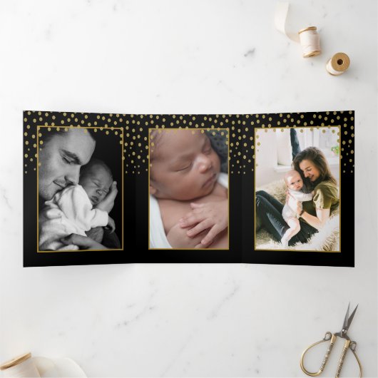 Black & Gold Polka Dot, 3 Foto Collage Baby Birth Drieluik Aankondiging (Binnen)