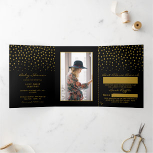 Black & Gold Polka Dot, Baby shower Suite Drieluik Uitnodiging