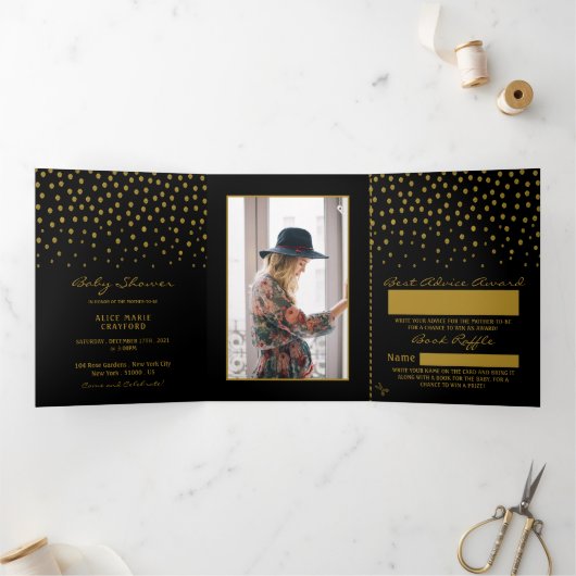 Black & Gold Polka Dot, Baby shower Suite Drieluik Uitnodiging (Binnen)