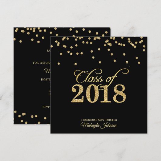 Black & Gold Polkadot Glitter Klasse van 2018 Kaart (Voorkant / Achterkant)