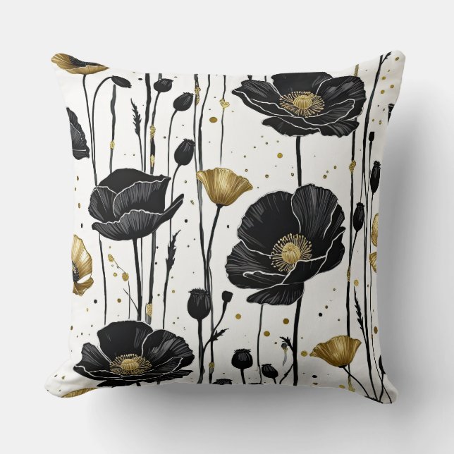 Black & Gold Poppies op wit Kussen (Voorkant)