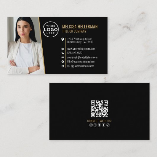 Black Gold Professional QR Code Photo Logo Visitekaartje (Voorkant / Achterkant)