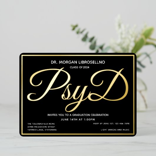 Black Gold PsyD-Afstuderen Folie Uitnodiging (Staand Voorkant)