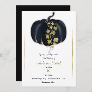 Black & Gold Pumpkin Storybook Fall Wedding Kaart