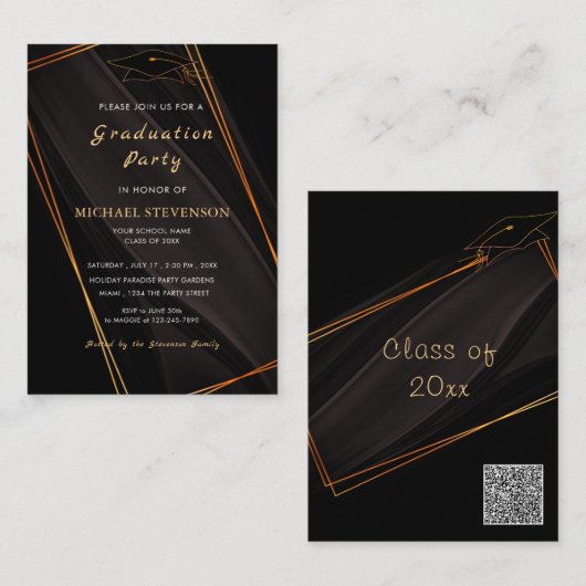 Black Gold QR Code Afstuderen Invitation Sjabloon (Voorkant / Achterkant)