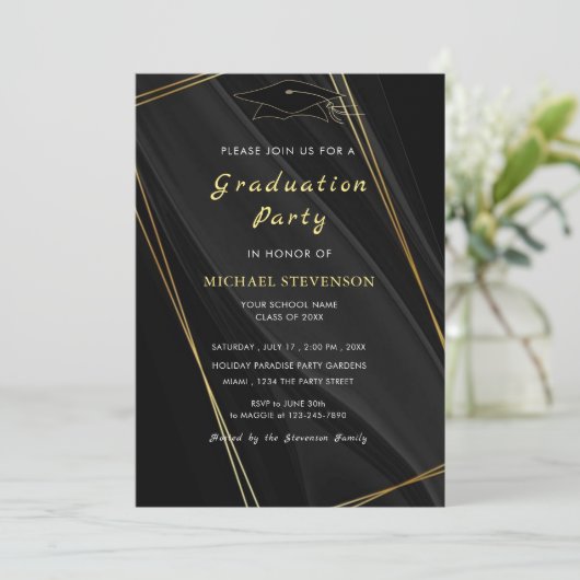 Black Gold QR Code Afstuderen Invitation voorbeeld (Staand voorkant)