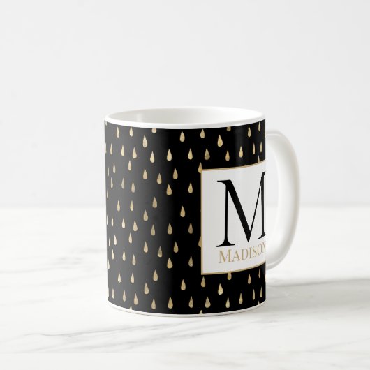 Black Gold Raindrop Modern Trendy Monogram Koffiemok (Voorkant rechts)