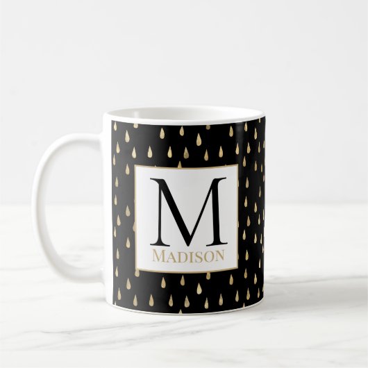 Black Gold Raindrop Modern Trendy Monogram Koffiemok (Links)