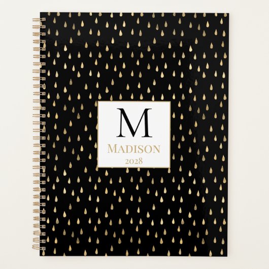 Black Gold Raindrop Modern Trendy Monogram Planner (Voorkant)