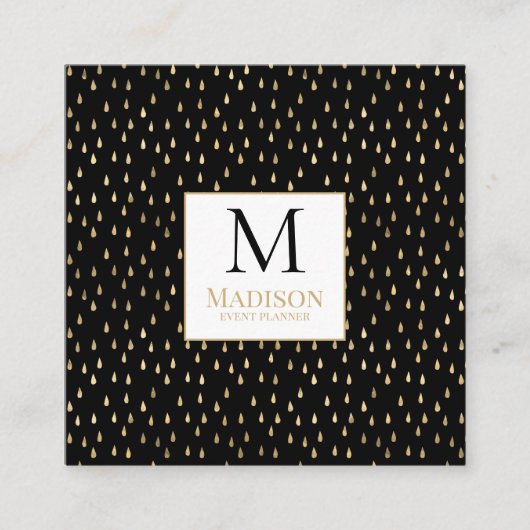 Black Gold Raindrop Modern Trendy Monogram Vierkante Visitekaartje (Voorkant)