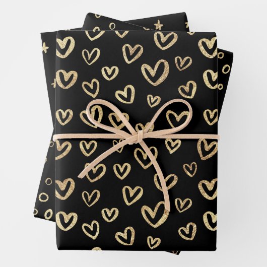 Black Gold Random Pattern Heart Stars Circles Inpakpapier Vel (In situ)
