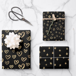 Black Gold Random Pattern Heart Stars Circles Inpakpapier Vel