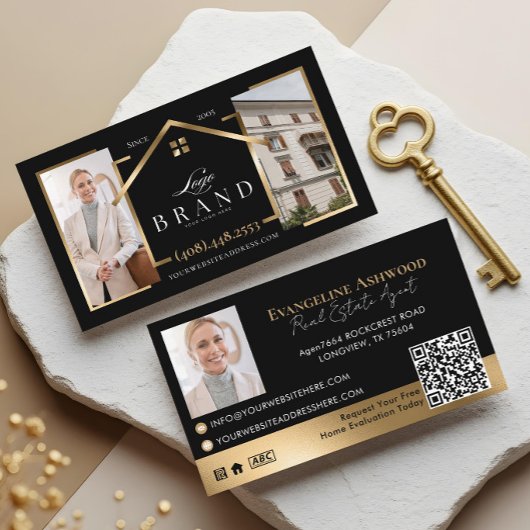 Black Gold Real Estate Agent Photo Logo QR Code Visitekaartje