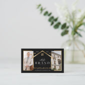 Black Gold Real Estate Agent Photo Logo QR Code Visitekaartje (Staand voorkant)