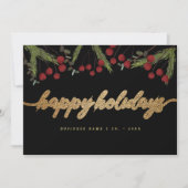 Black & Gold Red berries Happy Holidays Logo Feestdagenkaart (Voorkant)