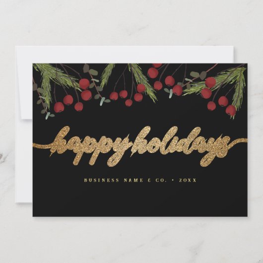 Black & Gold Red berries Happy Holidays Logo Feestdagenkaart (Voorkant)