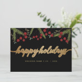 Black & Gold Red berries Happy Holidays Logo Feestdagenkaart (Staand voorkant)