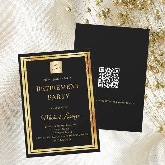 Black gold retirement party QR code business logo Kaart