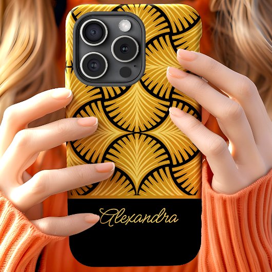 Black Gold Retro 1920s Gatsby Palmen Script Naam Case-Mate iPhone Case