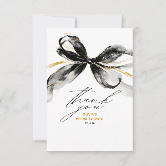 Black Gold Ribbon Bow Whimsical Bridal Shower Bedankkaart (Voorkant)